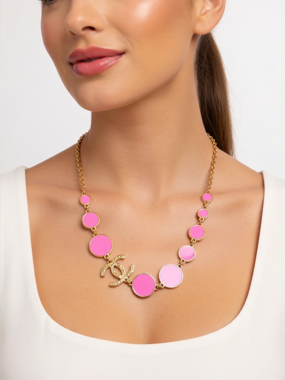 CHANEL Gold-Ton Chanel Coco Mark L24C Necklace GP pink x gold